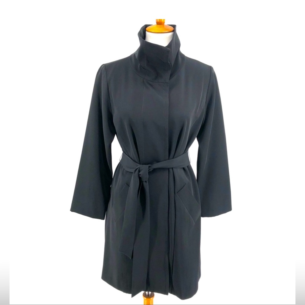 Eileen Fisher Black High Neck Hidden Button Tie Waist Jacket